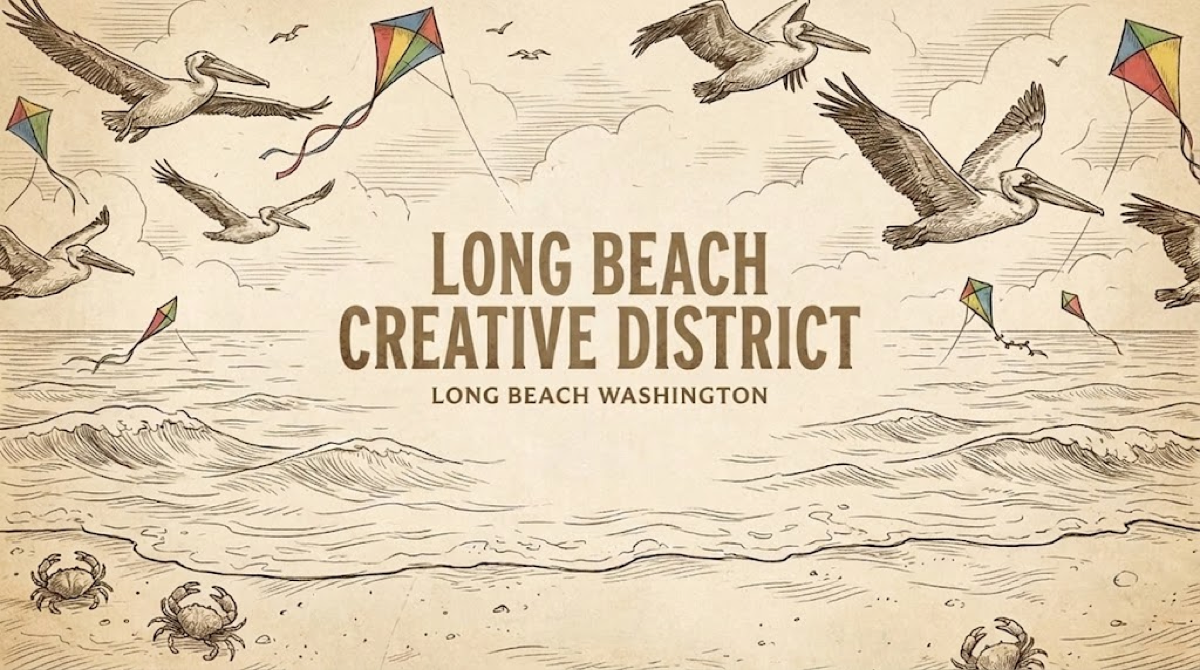 Long Beach Creative District — illustrated scene with pelicans, kites, and Pacific waves